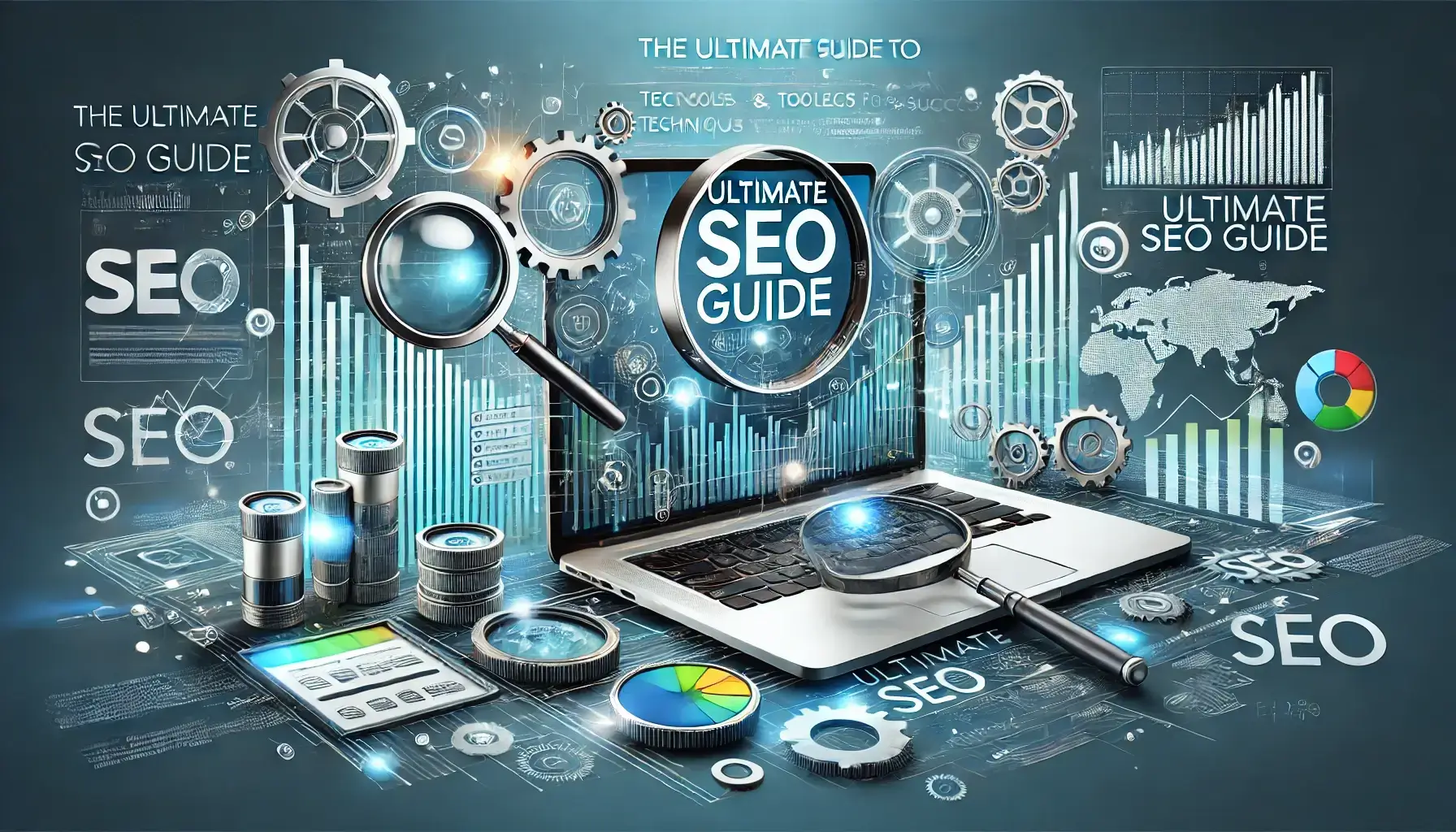 A modern, professional blog header image for 'The Ultimate Guide to SEO_ Techniques, Tools, and Strategies for Success.