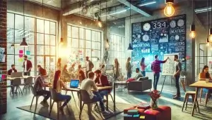 A dynamic and vibrant scene inside a modern startup incubator. The image shows a diverse group of young entrepreneurs collaborating on projects.